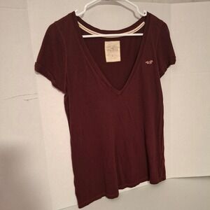 Hollister Burgundy Deep V-Neck Short Sleeve T-Shirt Size L Seagull Logo